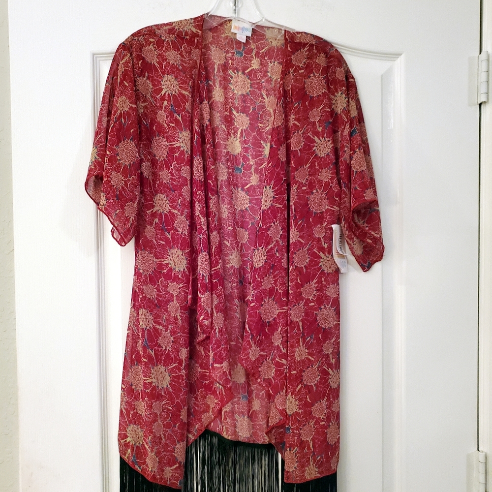 Lularoe Monroe S Maroon With Beige Flowers Black Fringe NWT